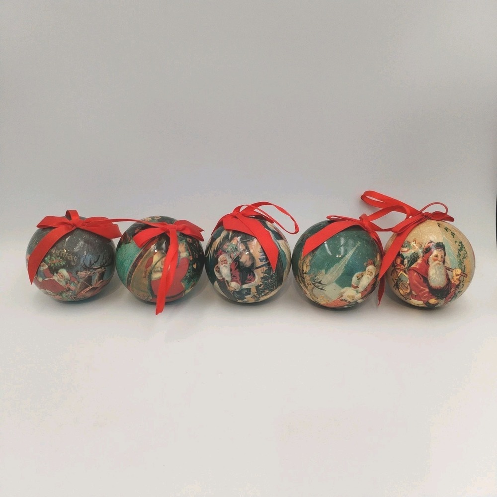 Lot of 5 Vintage Paper Mache Christmas Ornaments Decoupage Old World Santa Balls